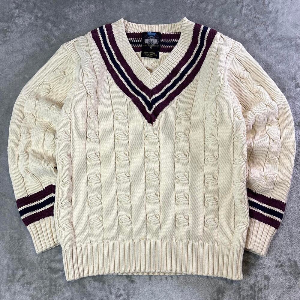 Pierre Cardin Cream Cable-Knit V-Neck Sweater with Burgundy Trim